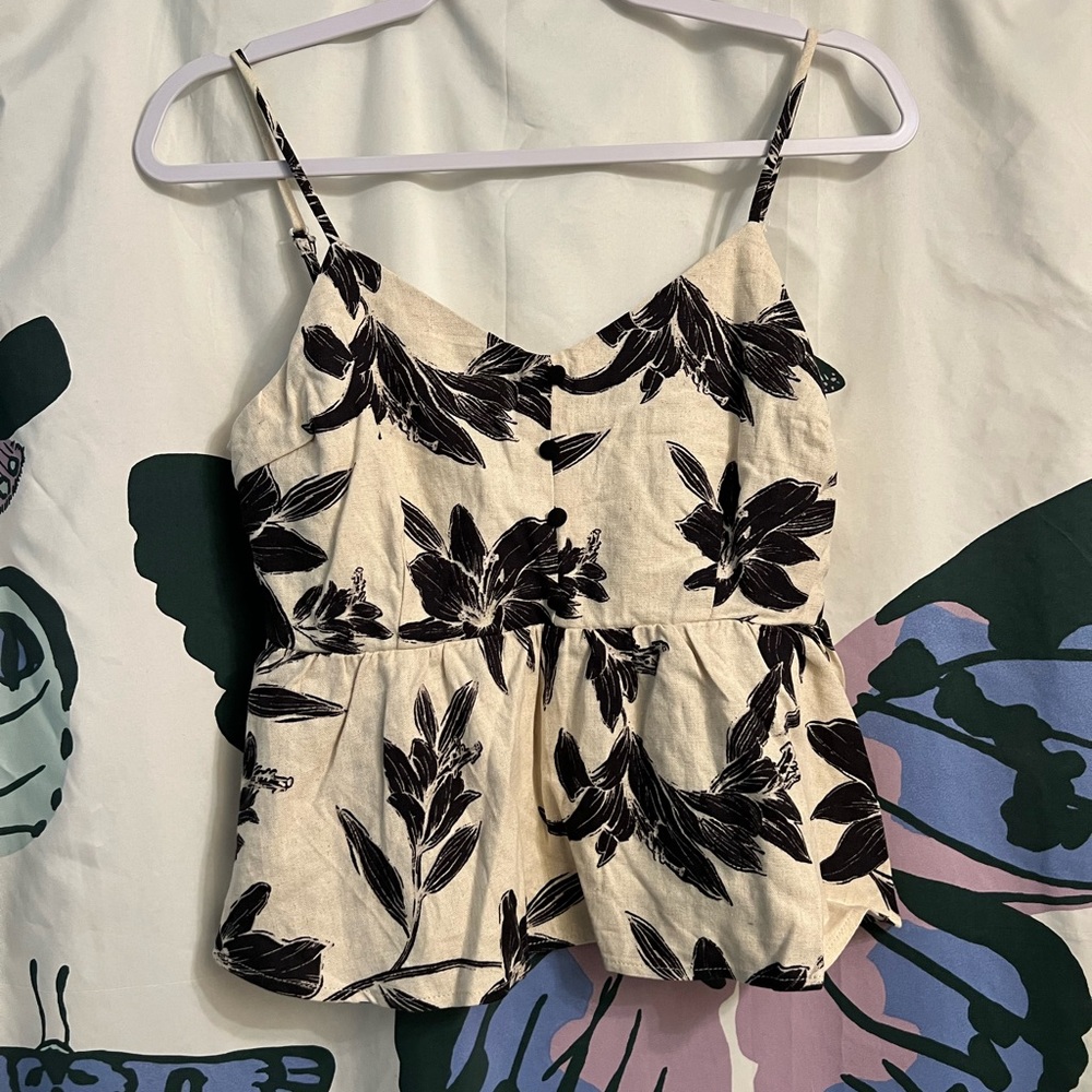 Monteau Cream and Black Floral Peplum Tank Top